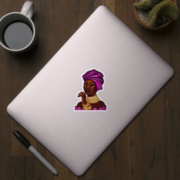 Queen Black is beautiful black girl with Gold bangles, neck ring necklace, purple dress and head wrap, brown eyes and dark brown skin ! by Artonmytee